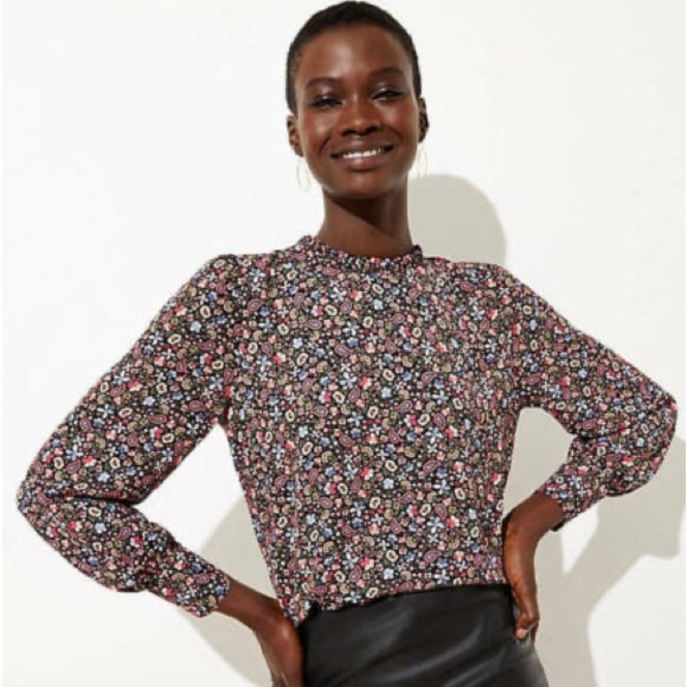 NWT LOFT Paisley Print Multicolor Puff Long Sleeve Tie Back Blouse